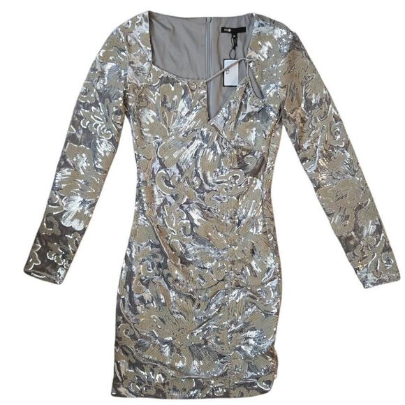 Maje Raneli Sequined Velvet Long Sleeve Mini Dress Argent Small - Picture 1 of 11